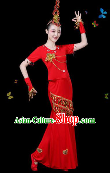 Traditional Chinese Minority Ethnic Peacock Dance Red Dress Dai Nationality Stage Performance Costume for Women