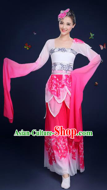 Chinese Traditional Umbrella Dance Lotus Dance Rosy Dress Classical Dance Stage Performance Costume for Women