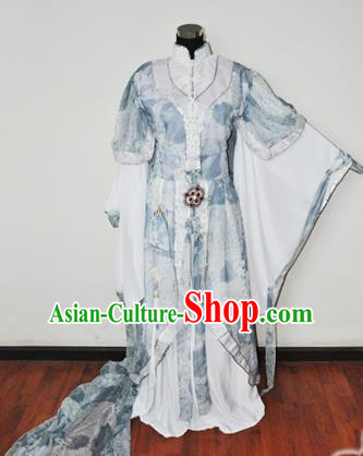 Traditional Chinese Han Dynasty Swordswoman Blue Hanfu Dress Ancient Female Knight Embroidered Costume for Women