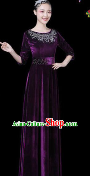 Traditional Chinese Modern Dance Purple Dress Chorus Stage Performance Costume for Women