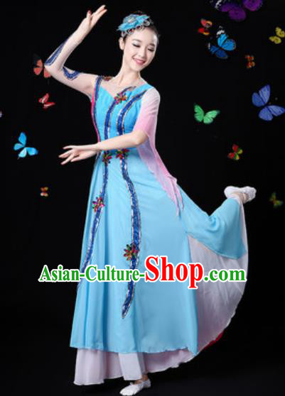 Chinese Traditional Classical Dance Blue Dress Umbrella Dance Group Dance Stage Performance Costume for Women