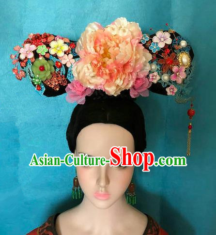 Traditional Chinese Qing Dynasty Palace Princess Pink Peony Headwear Ancient Manchu Lady Hair Accessories for Women