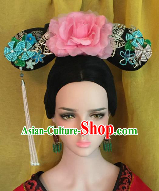 Traditional Chinese Qing Dynasty Imperial Consort Pink Peony Headwear Ancient Manchu Lady Hair Accessories for Women
