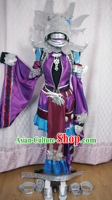 Traditional Chinese Cosplay Swordswoman Purple Hanfu Dress Ancient Princess Embroidered Costume and Headwear for Women