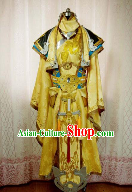 Traditional Chinese Cosplay Royal Highness Yellow Clothing Ancient Swordsman Embroidered Costume for Men