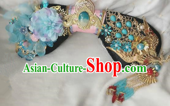 Traditional Chinese Qing Dynasty Imperial Consort Blue Peony Headwear Ancient Palace Manchu Hair Accessories for Women