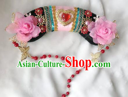 Traditional Chinese Qing Dynasty Imperial Consort Pink Peony Headwear Ancient Palace Manchu Hair Accessories for Women