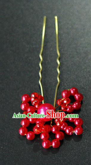Traditional Chinese Wedding Red Beads Hairpins Handmade Ancient Bride Hair Accessories for Women