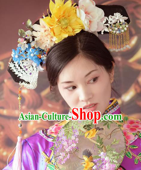 Traditional Chinese Qing Dynasty Manchu Imperial Consort Headwear Hairpins Ancient Handmade Queen Hair Accessories for Women