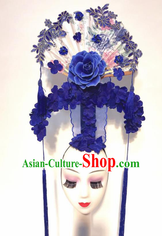 Handmade Chinese Stage Show Blue Peony Hair Clasp Hair Accessories Brazilian Carnival Catwalks Headdress for Women