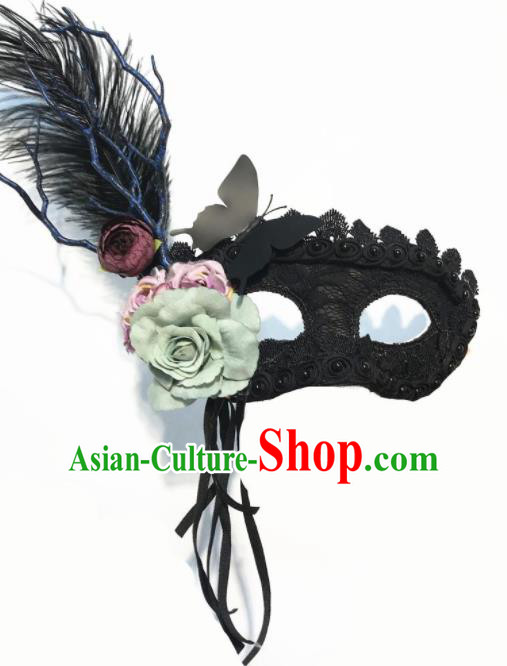 Top Halloween Stage Show Accessories Brazilian Carnival Catwalks Green Rose Feather Face Mask for Women