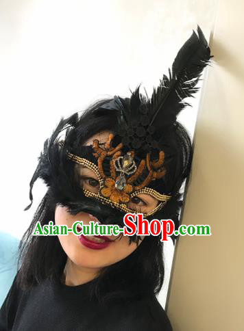 Top Halloween Stage Show Accessories Brazilian Carnival Catwalks Embroidered Black Feather Face Mask for Women