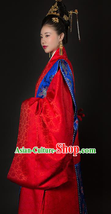 Traditional Chinese Ancient Ming Dynasty Imperial Empress Wedding Red Embroidered Historical Costume and Headpiece Complete Set