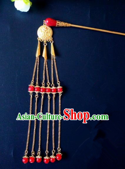 Chinese Handmade Hanfu Palace Red Beads Tassel Hairpins Traditional Ancient Princess Hair Accessories for Women