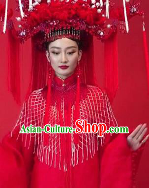 Traditional Chinese Handmade Wedding Red Phoenix Coronet Hanfu Hairpins Ancient Imperial Consort Hair Accessories for Women