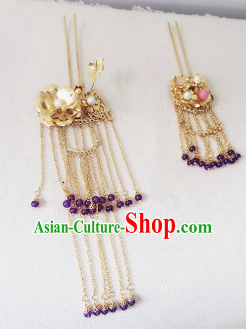 Traditional Chinese Handmade Tassel Hair Clip Hanfu Golden Hairpins Ancient Imperial Consort Hair Accessories for Women