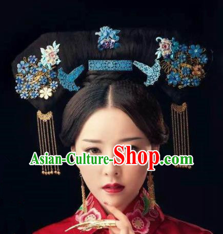 Handmade Chinese Manchu Phoenix Coronet Traditional Hanfu Hairpins Ancient Qing Dynasty Queen Hair Accessories for Women