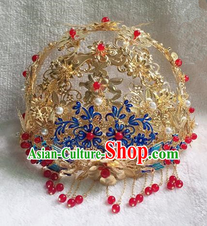 Chinese Handmade Hanfu Bride Blueing Phoenix Coronet Hairpins Traditional Ancient Imperial Consort Hair Accessories for Women