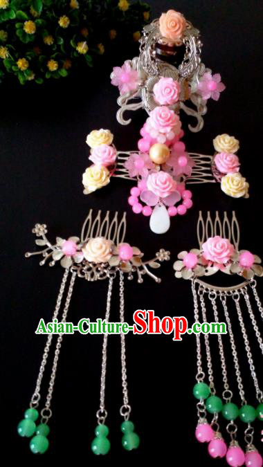 Chinese Handmade Hanfu Palace Hairpins Pink Flowers Phoenix Coronet Traditional Ancient Princess Hair Accessories for Women
