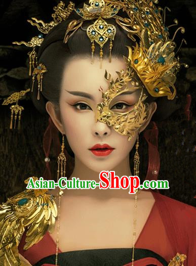 Chinese Handmade Hanfu Tang Dynasty Golden Phoenix Coronet Mask Palace Hairpins Traditional Ancient Imperial Consort Hair Accessories for Women
