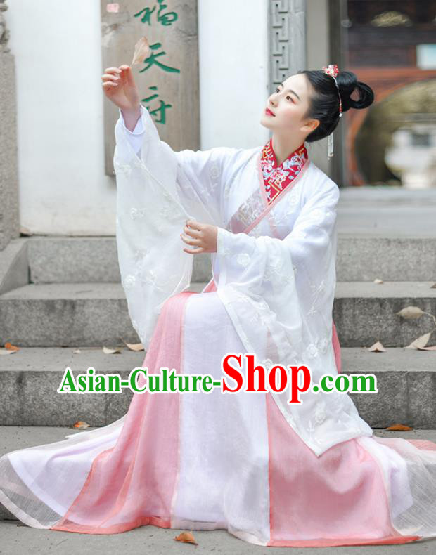 Chinese Ancient Royal Princess Embroidered Pink Hanfu Dress Traditional Jin Dynasty Court Historical Costume for Women