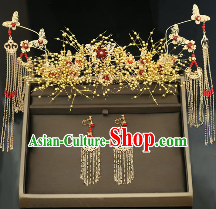 Handmade Chinese Ancient Wedding Golden Tassel Phoenix Coronet Hairpins Traditional Bride Hanfu Hair Accessories for Women