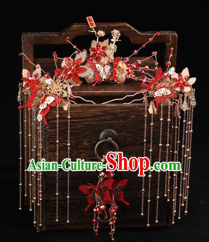Handmade Chinese Wedding Red Butterfly Hair Comb Tassel Hairpins Ancient Traditional Hanfu Hair Accessories for Women