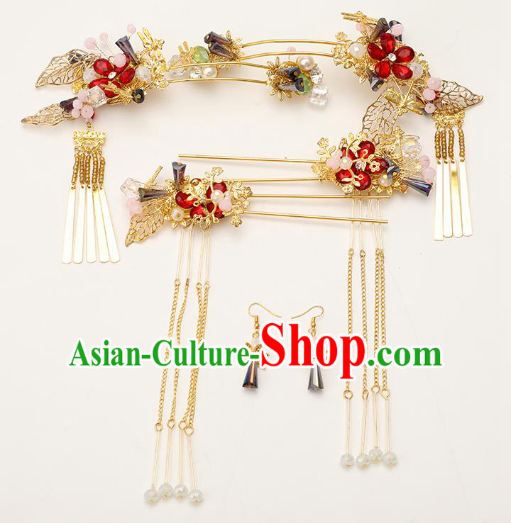 Handmade Chinese Wedding Tassel Golden Hair Clasp Hairpins Ancient Traditional Hanfu Hair Accessories for Women