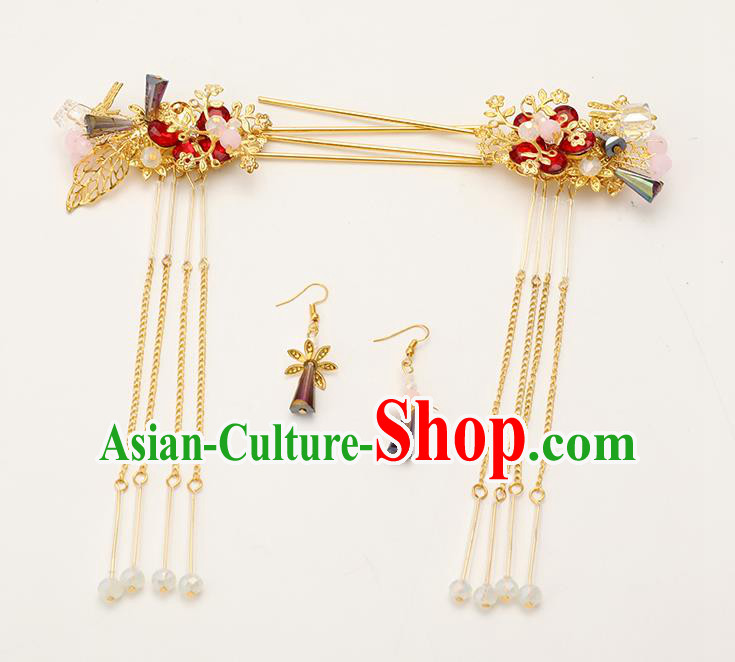 Handmade Chinese Wedding Tassel Golden Hair Clasp Hairpins Ancient Traditional Hanfu Hair Accessories for Women
