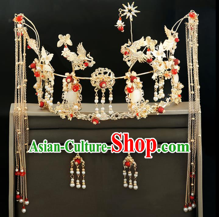 Handmade Chinese Ancient Wedding Tassel Hairpins Cranes Phoenix Coronet Traditional Bride Hanfu Hair Accessories for Women