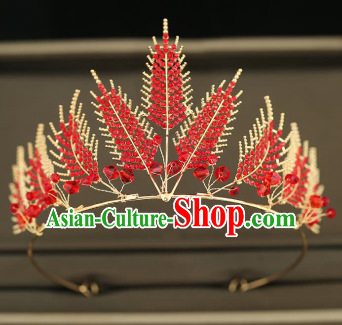 Top Grade Handmade Baroque Princess Red Crystal Leaf Royal Crown Wedding Bride Hair Accessories for Women