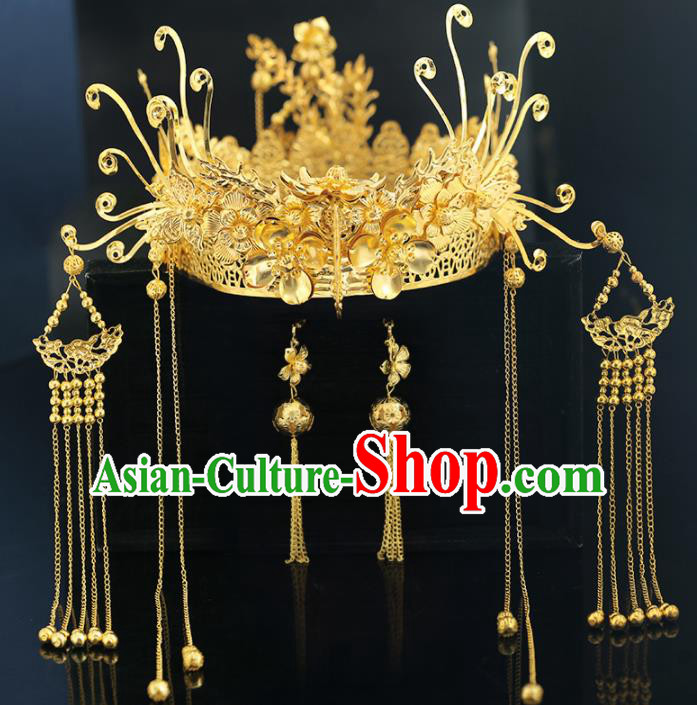 Handmade Chinese Ancient Wedding Golden Phoenix Coronet Tassel Hairpins Traditional Bride Hanfu Hair Accessories for Women
