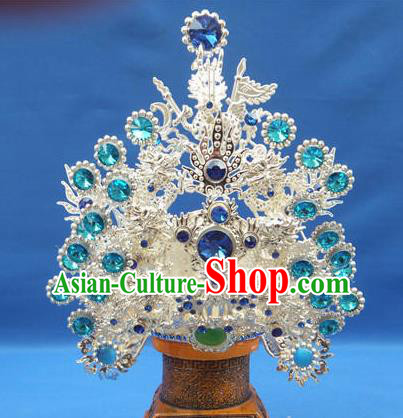 Handmade Chinese Ancient Goddess Queen Blue Crystal Phoenix Coronet Hairpins Traditional Hanfu Hair Accessories for Women