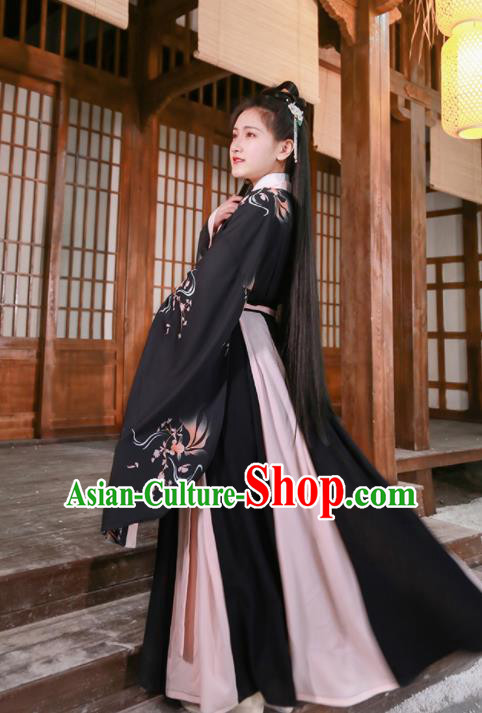 Chinese Jin Dynasty Court Maid Black Hanfu Dress Traditional Ancient Princess Historical Costume for Women