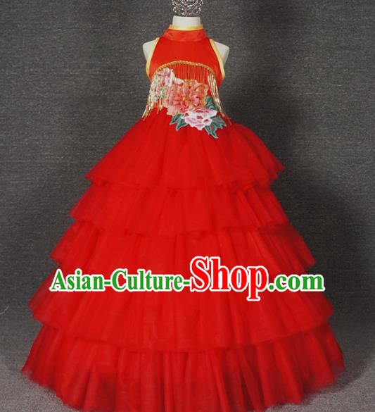 Top Grade Chinese Stage Performance Red Full Dress Catwalks Dance Embroidered Costume for Kids