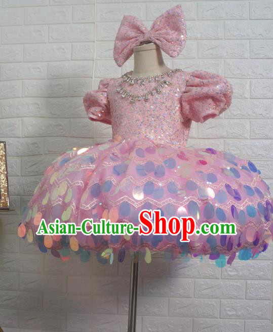 Top Grade Stage Show Costume Catwalks Princess Pink Paillette Bubble Full Dress for Kids