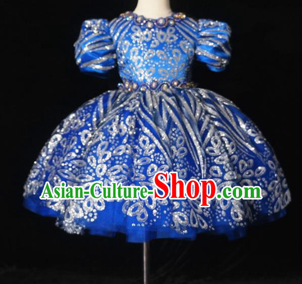Top Grade Stage Show Dance Blue Bubble Full Dress Catwalks Court Princess Costume for Kids