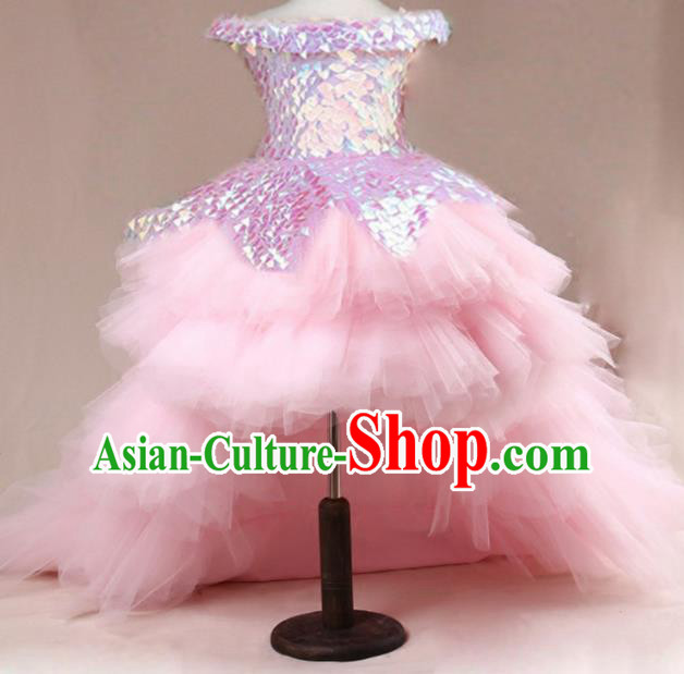 Top Grade Stage Show Dance Compere Pink Veil Trailing Full Dress Catwalks Court Princess Costume for Kids