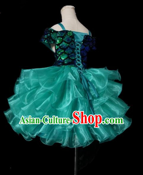 Top Grade Stage Show Compere Green Veil Bubble Dress Catwalks Court Princess Dance Costume for Kids