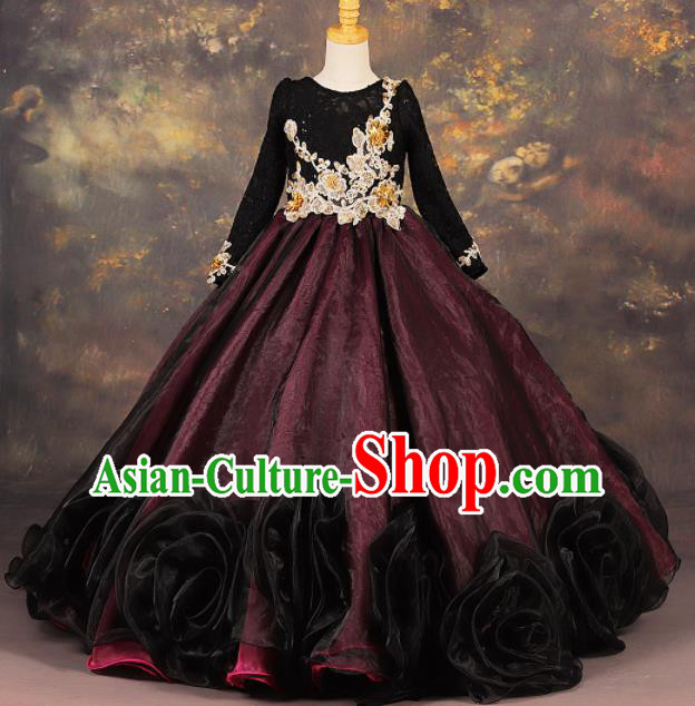 Professional Girls Compere Embroidered Trailing Full Dress Modern Fancywork Catwalks Stage Show Costume for Kids