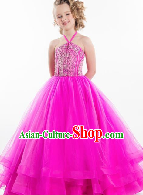 Professional Girls Compere Rosy Veil Full Dress Modern Fancywork Catwalks Stage Show Costume for Kids
