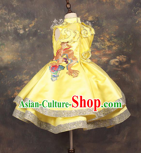 Chinese Stage Performance Catwalks Embroidered Yellow Full Dress Modern Fancywork Dance Costume for Kids