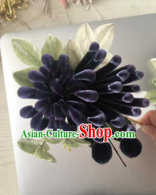 Chinese Handmade Purple Velvet Chrysanthemum Hairpins Ancient Palace Hair Accessories Headwear for Women