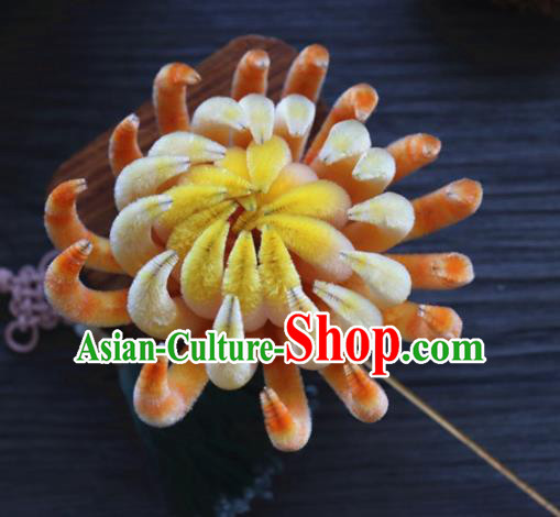 Chinese Handmade Yellow Velvet Chrysanthemum Hairpins Ancient Palace Hair Accessories Headwear for Women
