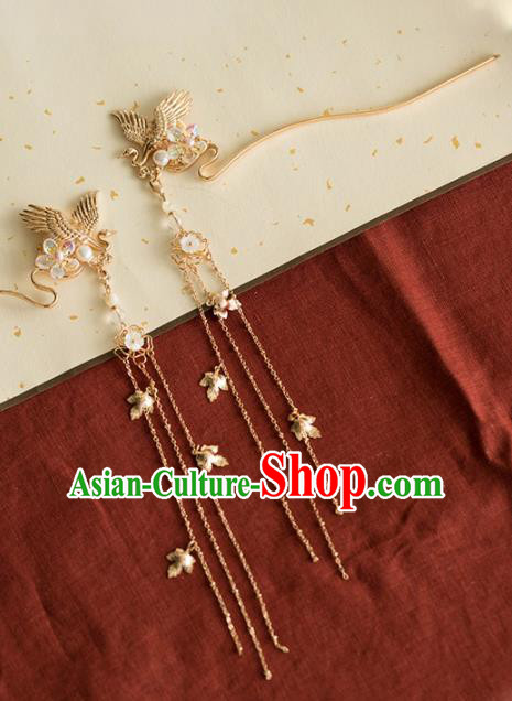 Chinese Handmade Golden Crane Tassel Hairpins Ancient Princess Hair Accessories Headwear for Women