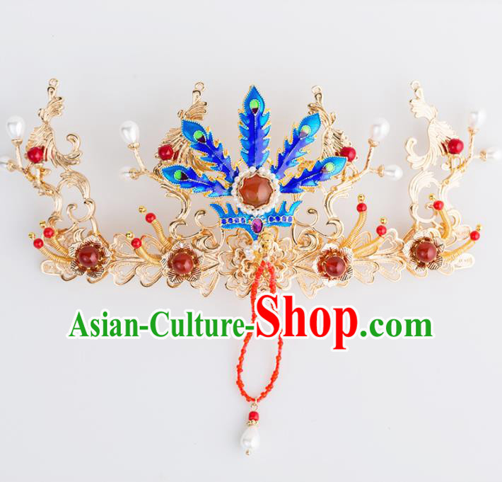 Chinese Handmade Blueing Phoenix Coronet Hairpins Ancient Princess Hair Accessories Headwear for Women