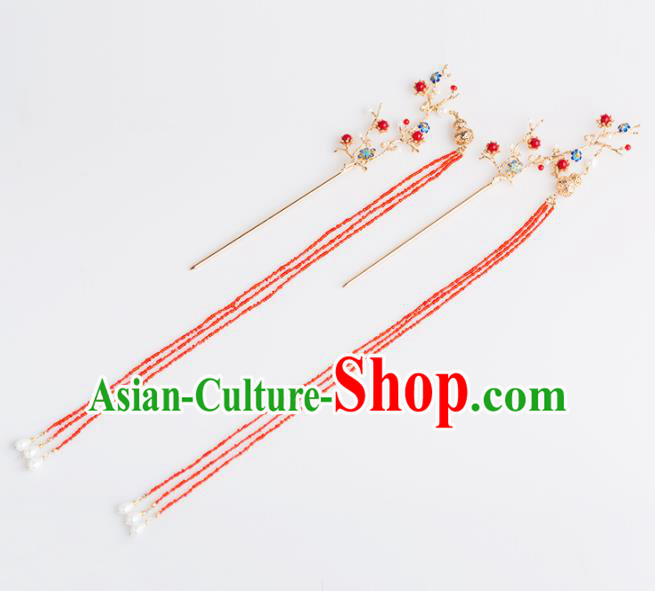 Chinese Handmade Red Tassel Hairpins Ancient Princess Hair Accessories Headwear for Women