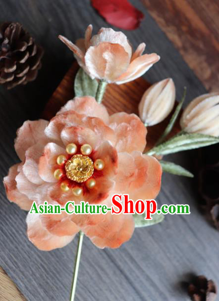 Chinese Handmade Wedding Orange Velvet Peony Hairpins Ancient Palace Queen Hair Accessories Headwear for Women