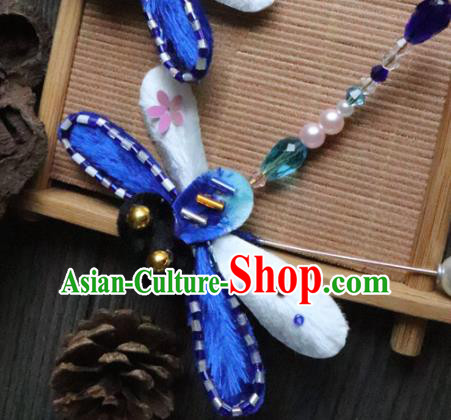Handmade Chinese Classical Blue Velvet Dragonfly Brooch Ancient Palace Pearls Breastpin for Women