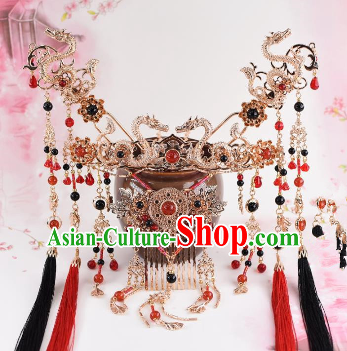 Chinese Handmade Palace Dragons Tassel Hair Crown Hairpins Ancient Princess Hanfu Hair Accessories Headwear for Women